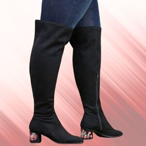 Black Over-the-Knee Boots with Embroidered Heel